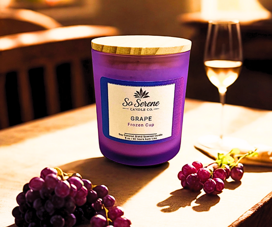 Grape frozen cup candle in a clear purple glass jar
