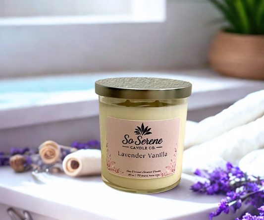Lavender & Vanilla candle in a glass jar