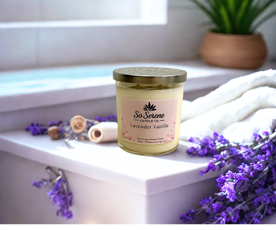 Lavender & Vanilla candle in a glass jar