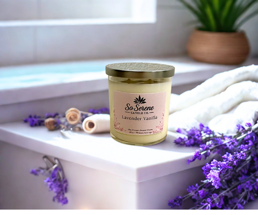 Lavender & Vanilla candle in a glass jar